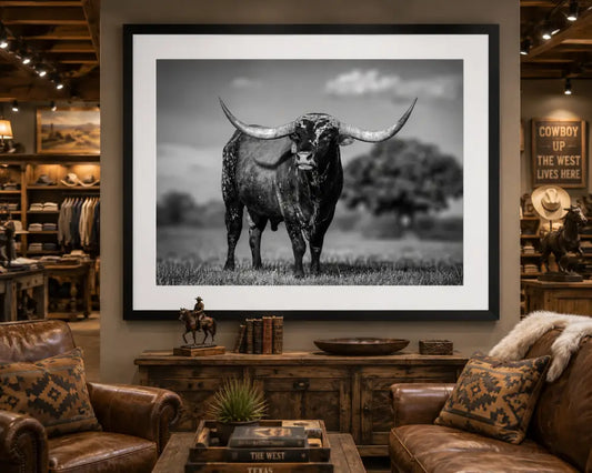 Texas Longhorn Black and White Photography | Western Ranch Wall Art
